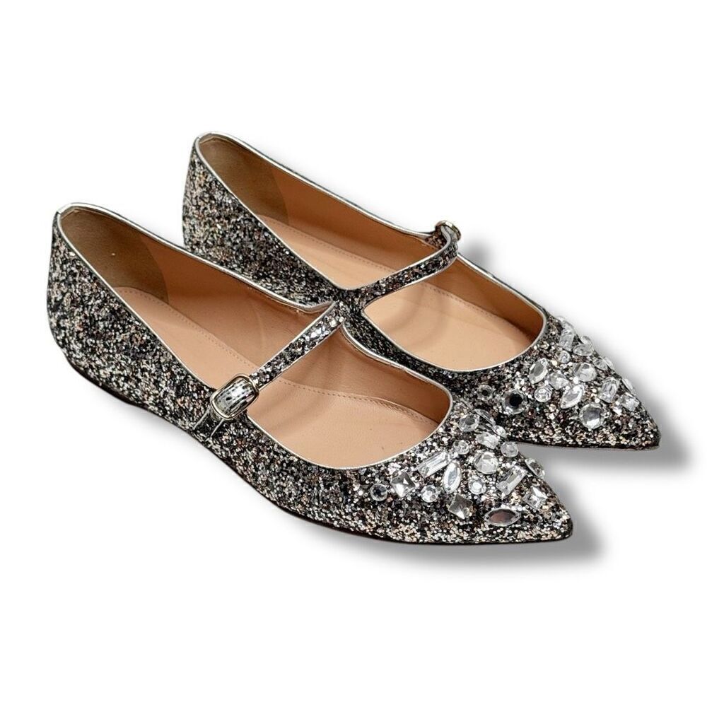 J. Crew Collection Mary Jane Flats Embellished Glitter Silver Women’s Size 7.5
